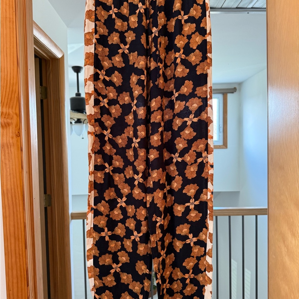 Wide-Leg Floral Print Jumpsuit Pants - Black & Rust